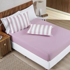 Jogo Cama Lençol Daily Casal Padrão Malha 100% Algodão Listrado 3 Peças - Rosê