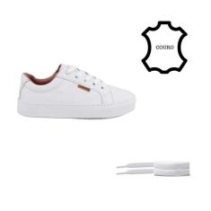 Tênis Couro Legitimo Branco Feminino Casual com Cadarço Algodão Extra-Feminino