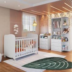 Quarto de Bebê com Berço Mini Cama Cômoda e Guarda Roupa com Cantoneira Cambalhota Espresso Móveis Branco Brilho