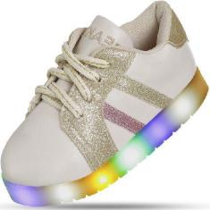 Tênis Infantil Feminino Com Led Confortável Moderno - Beakid, Bege, 24