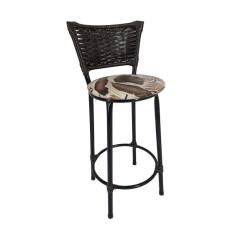 Banqueta Alta Preta com Encosto Junco Argila Assento Floral Marrom