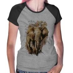 Baby Look Raglan Elefante Watercolor - Foca na Moda, Cinza, Preto, M