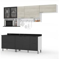 Cozinha Completa Bartira Rubi com 7 Portas, 5 Gavetas e 3 Nichos - 280cm de largura - Branco/Grafite/Freixo