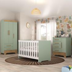 Quarto de Bebê Completo Guarda Roupa 3 Portas 2 Gavetas com Cômoda e Berço Moana Espresso Móveis Verde Fosco/Marrom