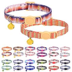DILLYBUD Coleiras de gato para meninas, meninos e gatos, coleira de gatinho personalizada com vários padrões, pacote com 2, fivelas e sinos de segurança clássicos, ajustável, estampado, de nylon colorido rosa
