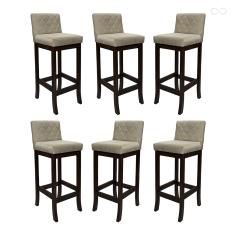 Kit 6 Banquetas Alta com Encosto Matelassê Tóquio Madeira Maciça Suede Bege CCS