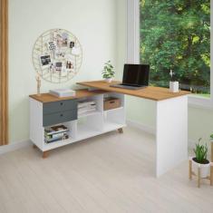 Escrivaninha Retrô em L para Escritório e Home Office com 2 Gavetas e 