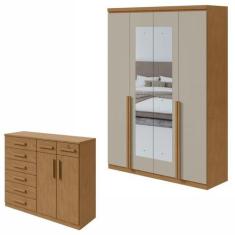 Conjunto de Guarda-roupa Alonzo 4 Portas com Espelho e Cômoda Toronto 