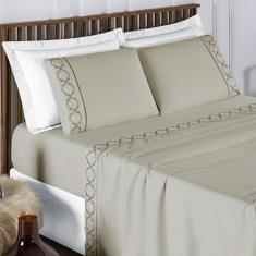Jogo De Lençol Bordado Titanium King 4 Peças Barato - Cáqui - Casa Sho