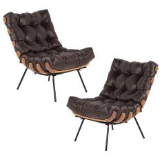 Kit 2 Poltrona Decorativa Sala de Estar Costela Couro Marrom - Gran Belo
