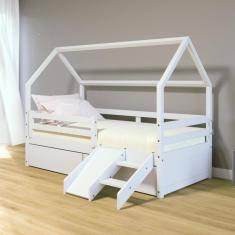 Cama Casinha Slim RB com Kit Escada/Escorregador 02 Gavetas e Grade de Proteção Branco Housin