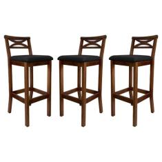 Kit 3 Banquetas Alta Estofada 38x103Cm Ilha Encosto Madri Madeira Maci