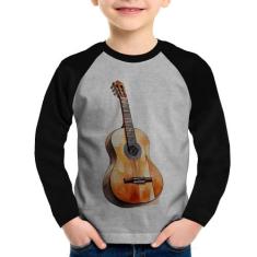 Camiseta Raglan Infantil Violão Manga Longa - Foca na Moda, Cinza, Pre