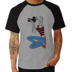 Camiseta Raglan Fotógrafa Art - Foca na Moda, Cinza, Preto, M