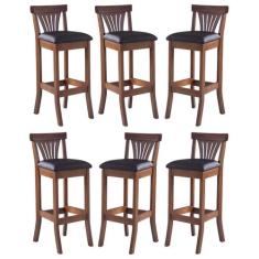 Kit 6 Banquetas Alta em Madeira Valentina Estofada material sintético 