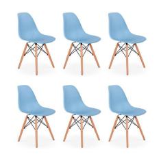 Conjunto 6 Cadeiras Charles Eames Eiffel Wood Base Madeira - Azul Clar