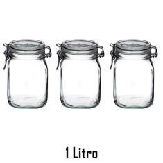 3 Potes com fechamento hermético 1 Litro (1000ml) Fido Rocco Bormioli de vidro transparente quadrado