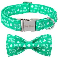 Unique Style Paws Coleira de cachorro do dia de São Patrício com laço verde trevo coleira de cachorro gravata borboleta para cães grandes, médios e pequenos