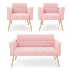 Kit 1 Sofá Namoradeira E 2 Poltronas Elisa Suede Pés Palito Natural - D`rossi Cor Rosa Bebê