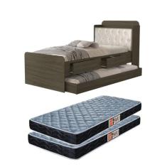 cama bicama solteiro tamires com capitone estofado auxiliar prateleira