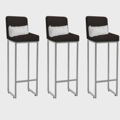 Kit 03 Banqueta Alta com Encosto Lucca Industrial Cozinha Balcão Ferro Cinza Corino Marrom e Almofada Branco - Ahazzo Móveis