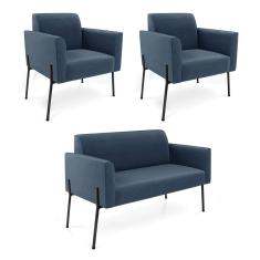 Sofá Namoradeira e 2 Poltronas Pé de Ferro Preto Marisa Suede Azul Marinho D03 - D`Rossi
