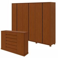 Conjunto de Guarda-Roupa Casal Leder 6 Portas com Pés e Cômoda 2 Portas Vedra  Frassino