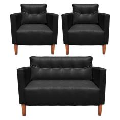 Kit 1 Sofá Namoradeira E 2 Poltronas Livia Corino Pés Chanfrado Castanho - D`rossi Cor Preto
