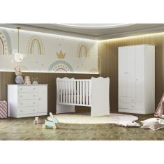 Jogo De Quarto Completo Infantil Bebê Guarda Roupa 3 Portas Cômoda 4 Gavetas Berço Simples C/ Colchão Doce Sonho 2617 / 2561 / 1