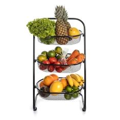 Metaltec Fruteira De Chão Em Aço Resistente Com Rodinhas Multiuso Carrinho Organizador 3 Cestos para Cozinha Reforçado - Preto