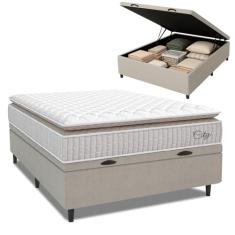 Cama Box Baú Colchão Casal Molas Ensacadas City Pillow Top 138x188x64cm Branco/Bege Hellen - Suporta até 110kg por Pessoa