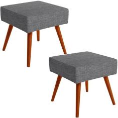 Kit 02 Puffs Banqueta Decorativa Com Pés Palito Lívia W01 Linho Cinza 