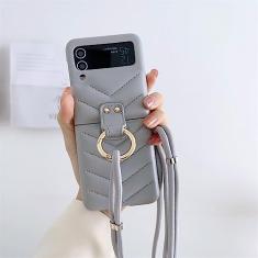 Capa de telefone com alça transversal ajustável de luxo para Samsung Galaxy Z Flip 4 3 Z Flip3 ZFlip4 5G Capa de anel bonito V-line Cases, cinza, para Z Flip 4