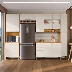 Cozinha Completa Modulada com 5 Peças 13 Portas e 2 Gavetas com Vidro e Tampo Itália Espresso Móveis Amêndoa/Off White