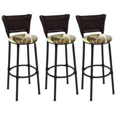 Kit 3 Banquetas Altas Preta com Encosto Junco Argila Assento Floral Ma