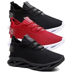 QueroShoes Kit 3 Tênis Masculino de Academia e Corrida Leve e Confortável - Preto/Preto+Branco/Vermelho/39