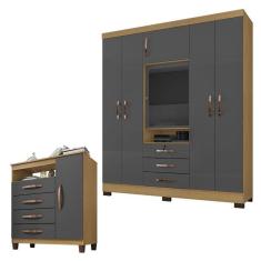 Guarda Roupa Casal Imperial com Cômoda Sapateira Cannes Carvalho Americano Grafite – Incorplac