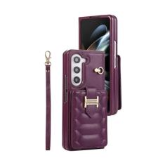 Capa de telefone com bolsa de couro com cordão crossbody para Samsung Galaxy Z Fold 5 4 3 Fold5 Fold4 Fold3 Capa de cartão tipo carteira com corda de pulso, roxo profundo, para Samsung Z Fol