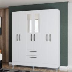 Guarda Roupa Casal com Espelho 6 Portas 2 Gavetas Multi Poquema, Branc