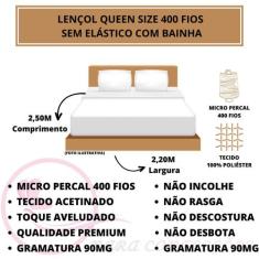 Lençol Cama Queen 400 Fios Acetinado e Aveludado sem Elástico Toque Ma