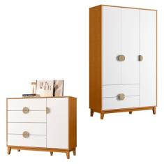 Kit Guarda Roupa Ipê com Comoda Ipê com Pés Madeira Maciça Cinamomo/branco