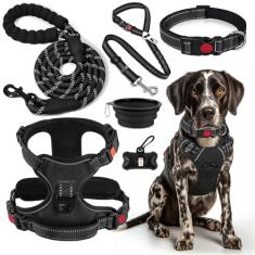 LOBEVE Conjunto de arnês, coleira e coleira para cães sem puxar | Inclui cinto de segurança para cães, tigelas dobráveis e dispensador de saco de cocô. Ideal para treinamento, caminhada, caminhada.