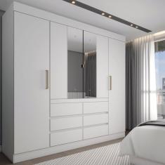 Guarda-Roupa Casal 4 Portas 6 Gavetas com Espelho Branco 