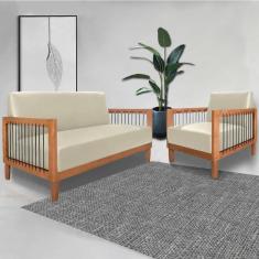 Conjunto Sofá Namoradeira E Poltrona Sala De Estar Pés Madeira Maciça Corda Náutica Preta Manila Pu Bege