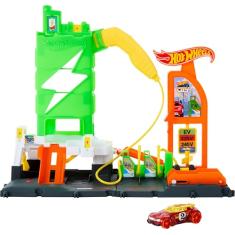 Hot Wheels City, Pista de Brinquedo Super Posto de Gasolina com Carregadores para Veículos Elétricos e 1 Carrinho de Brinquedo em Escala 1:64