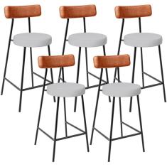 Kit 05 Banquetas Baixa Bar Cozinha Sala Jantar Milão L02 Couríssimo Camel Linho Cinza  - Lyam Decor