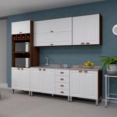 Armário De Cozinha Completa 6 Peças Com Tampo E Espaço Para Micro-ondas Safira Luciane Móveis Nogueira Dourado C/ Branco Pet E Connect