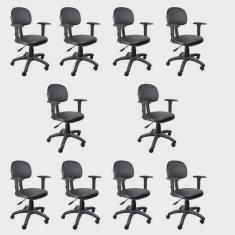 Kit 10 Unidades Cadeira Escritório Secretária Giratória com Braço Regulável em Couro