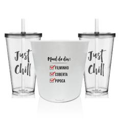 Kit Balde De Pipoca E 2 Copos Personalizados -Just Chill - Krystalon