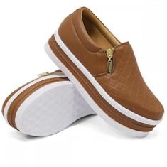 Tênis Feminino Slip On Sola Alta Calce Fácil Zíper Lateral-Feminino
